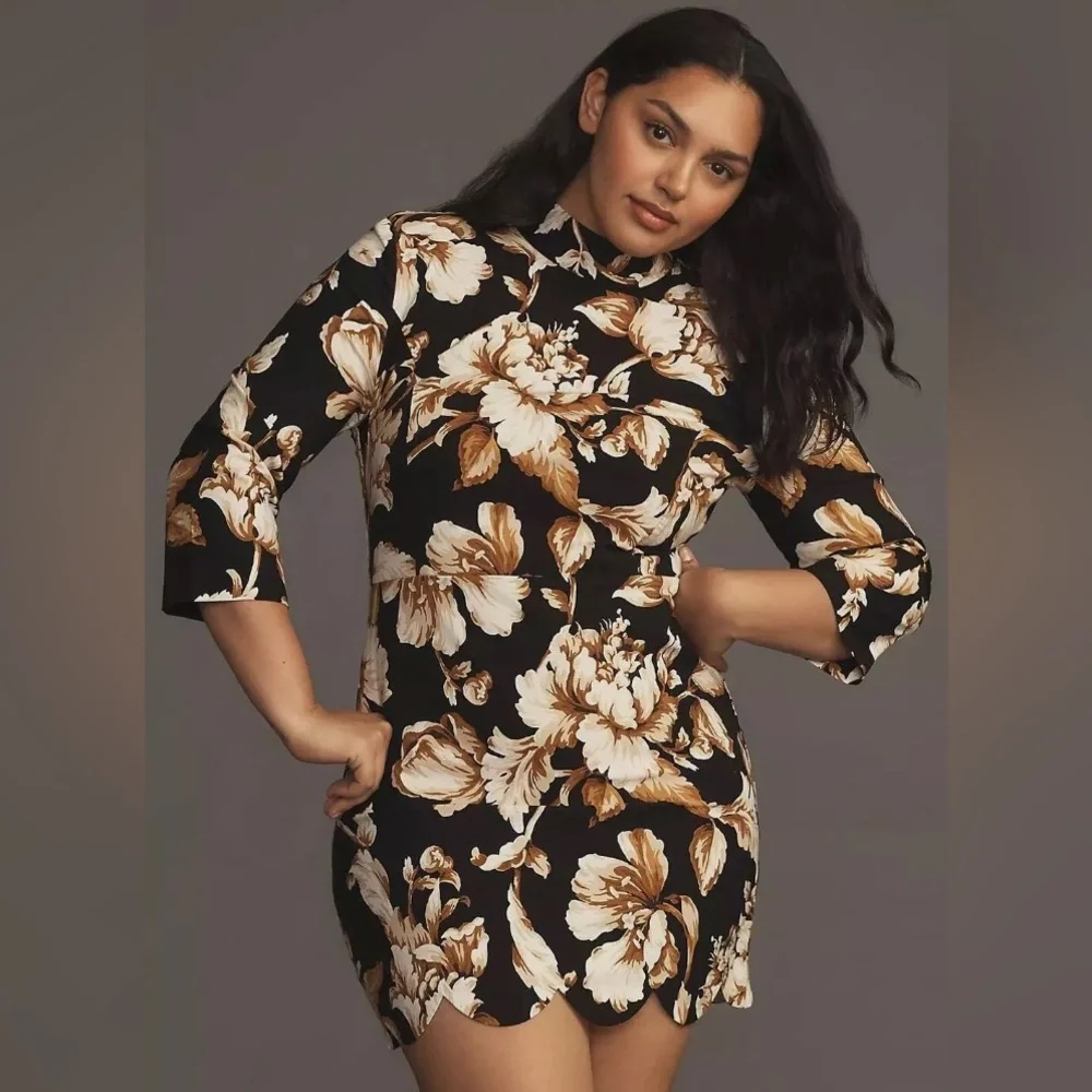 Anthropologie Plus 26 Maeve Black Floral Mock Neck Shift Mini Dress - Picture 1 of 8